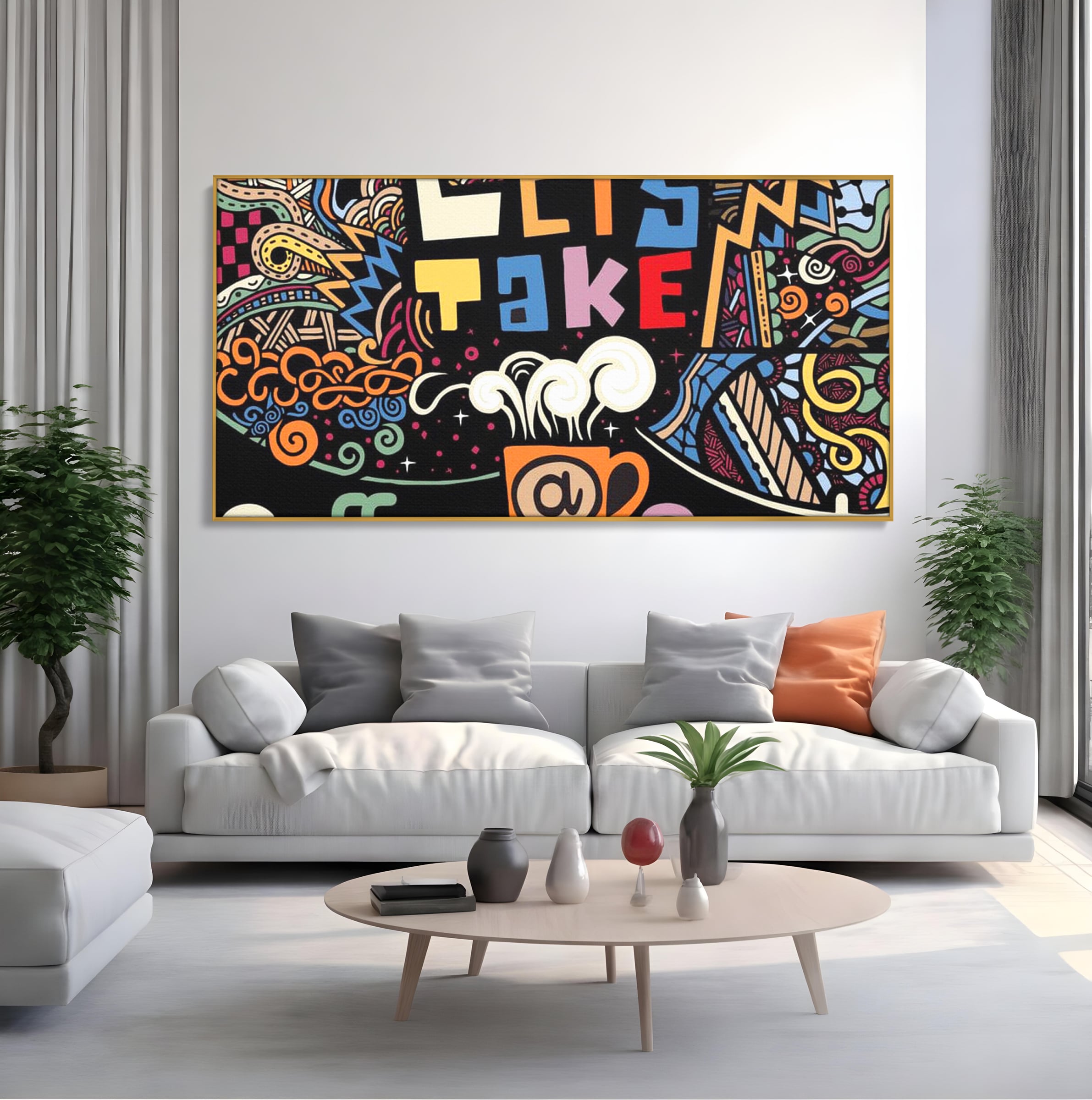 Tablou canvas cu tablou canvas cu ilustratie cafea si doodle, in rama de aluminiu auriu, pe perete intr-un living